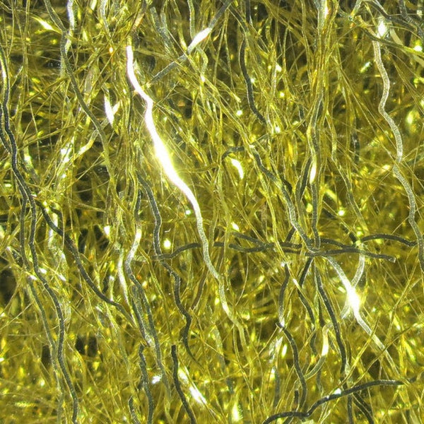 A close-up image of gold Hareline Ripple Ice Fiber, showing the shiny and characteristically crinkled strands.