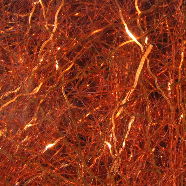 A close-up image of orange Hareline Ripple Ice Fiber, showing the shiny and characteristically crinkled strands.