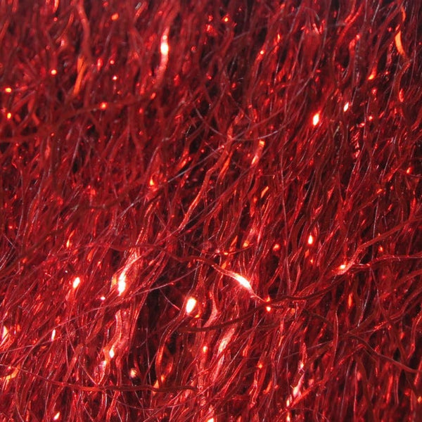 A close-up image of red Hareline Ripple Ice Fiber, showing the shiny and characteristically crinkled strands.