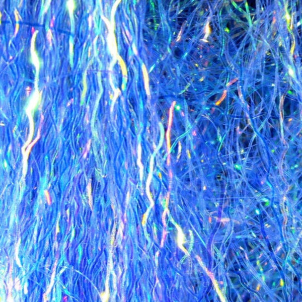 A close-up image of smolt blue Hareline Ripple Ice Fiber, showing the shiny and characteristically crinkled strands.