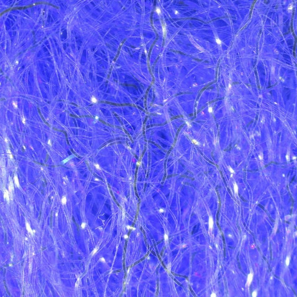 A close-up image of uv blue Hareline Ripple Ice Fiber, showing the shiny and characteristically crinkled strands.