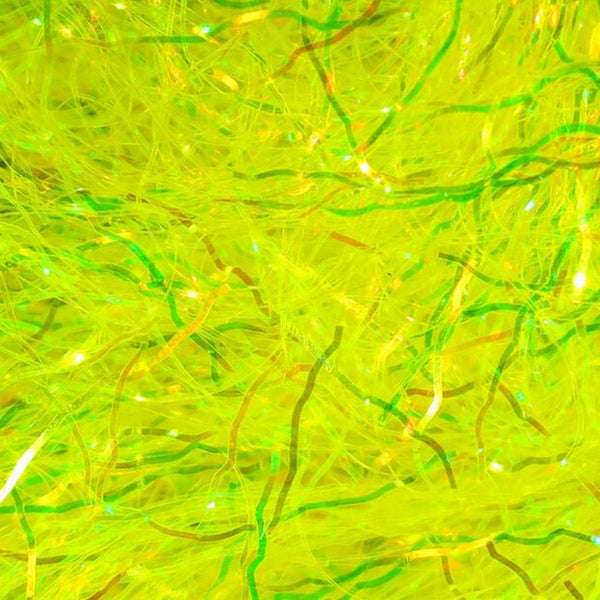 A close-up image of yellow Hareline Ripple Ice Fiber, showing the shiny and characteristically crinkled strands.