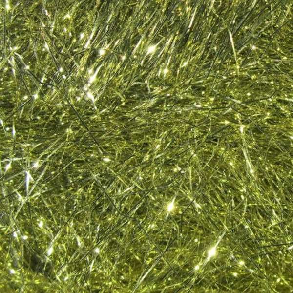 A close-up image of gold Hareline Ripple Ice Hair for fly tying, showing the long, characteristically crinkled strands.