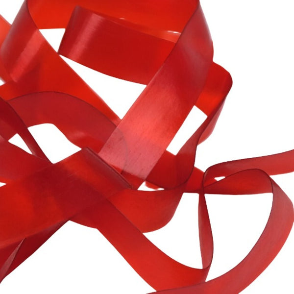 Red color strip of semi-transparent and stretchy Hareline Scud Back fly tying body material, on a white background.