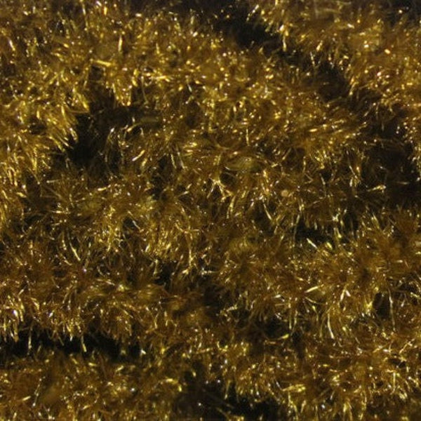 A close-up image of olive brown Hareline Trilobal Antron Chenille for fly tying, showing the texture and material detail.