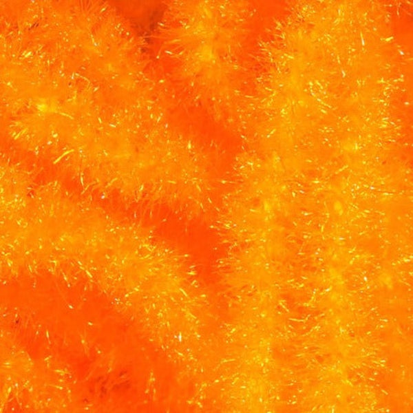 A close-up image of orange Hareline Trilobal Antron Chenille for fly tying, showing the texture and material detail.