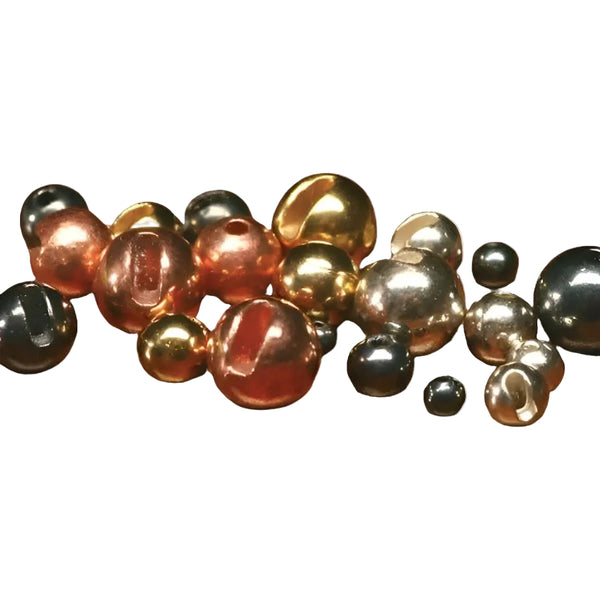 A collection of round Hareline slotted tungsten beads in various sizes and metallic colors for use in fly tying, on a white background.