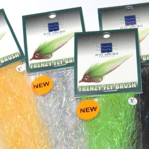 A collection of packaged Just Add H2O Frenzy Fly Fiber Brushes in various colors, fanned out.