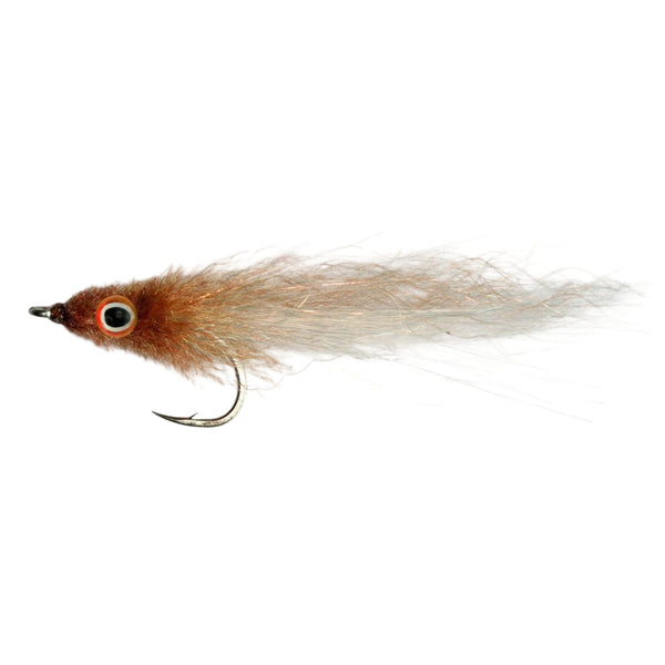 A sample fly called Steve Ferrar's 3D Minnow using the Just Add H2O SF Flash Blend material in white and tan, on a white background.