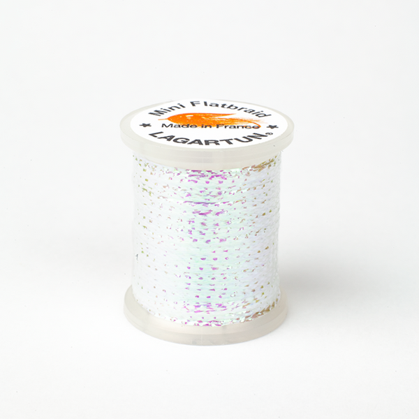 a single spool of fluorescent pearl lagartun mini flatbraid fly tying material on a white background 