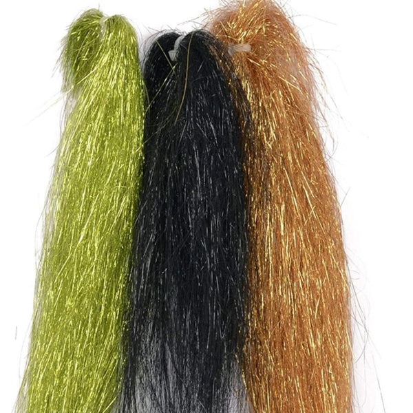 three skeins of angel hair fly tying flash material in olive, black, and copper gold on a white background