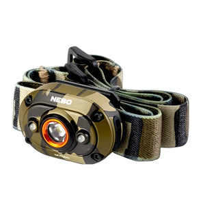 A rechargeable Nebo Mycro headlamp with an adjustable head strap, camouflage pattern, and an illuminated front light on a white background.