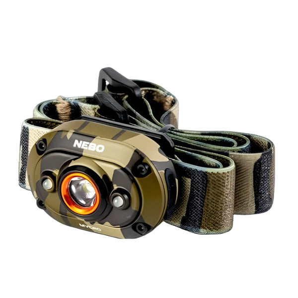 A rechargeable Nebo Mycro headlamp with an adjustable head strap, camouflage pattern, and an illuminated front light on a white background.