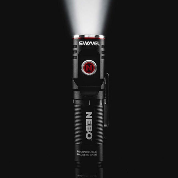 The Nebo swyvel flashlight illuminated on a dark background.