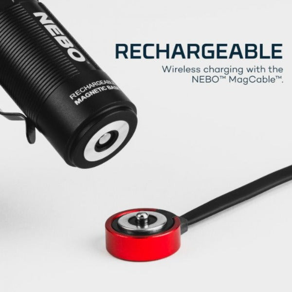 The Nebo swyvel flashlight with recharging accessories and text on a white background.
