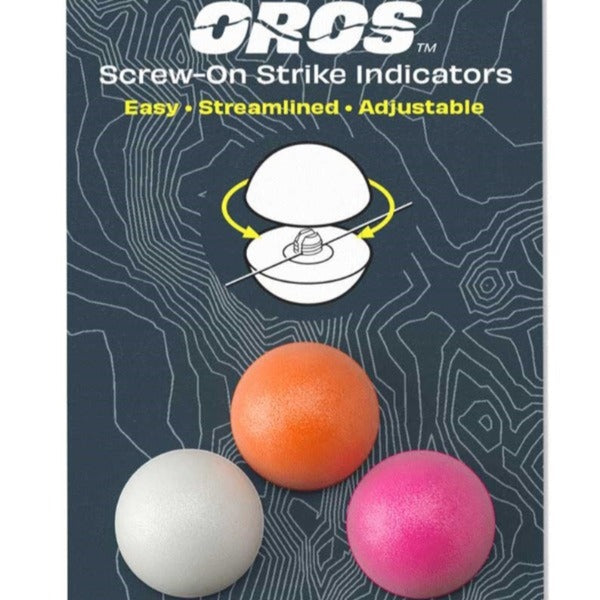 A package of Oros Strike Indicators for fly fishing with white, pink and orange included on a white background.