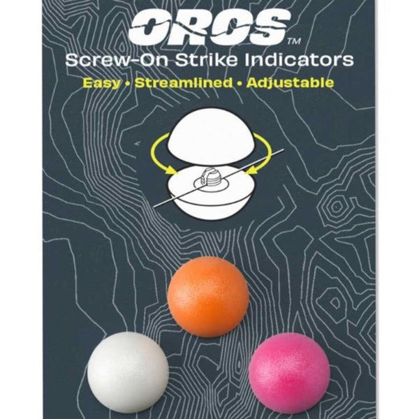 A package of Oros Strike Indicators for fly fishing with white, pink and orange included on a white background.