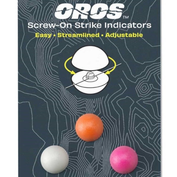 A package of Oros Strike Indicators for fly fishing with white, pink and orange included on a white background.