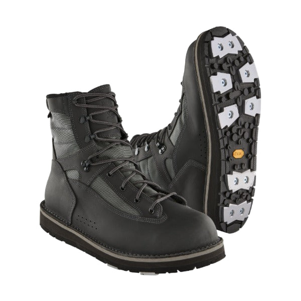 Forge grey Patagonia Foot Tractor Wading Boots with aluminum bar soles, on a white background.