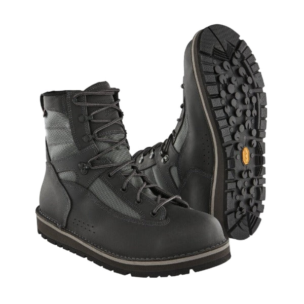 A pair of forge grey Patagonia Foot Tractor Wading Boots with a lace-up closure and a Vibram sole on a white background.
