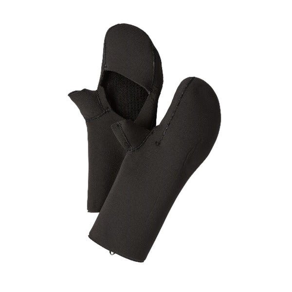 A pair of black Patagonia Homepool Mitt Gloves designed for cold conditions, with visible fingerless design and insulation, on a white background.