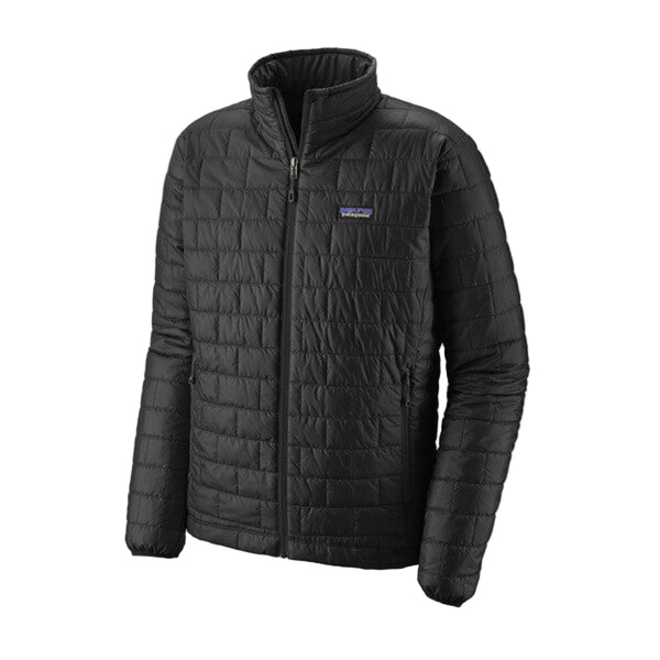 A Patagonia Men's Nano Puff Jacket in black with a zippered front and a brand logo on the chest, against a white background.