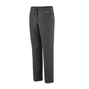 Patagonia Men's R1 Pants in gray, featuring a regular fit with two front pockets and an elastic waistband with drawcord adjustment on a white background.