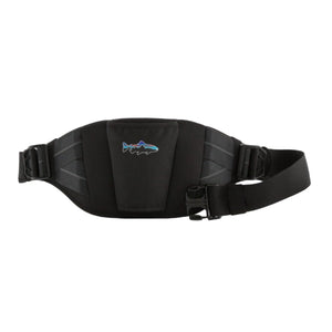 A black Patagonia Wading Support Belt with adjustable straps and a quick-release buckle, featuring trout logo on the net holder, on a white background.