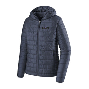 Smolder blue Patagonia Women's Fitz Roy Trout Nano Puff Hoody on a white background.
