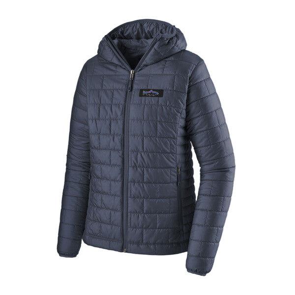 Smolder blue Patagonia Women's Fitz Roy Trout Nano Puff Hoody on a white background.