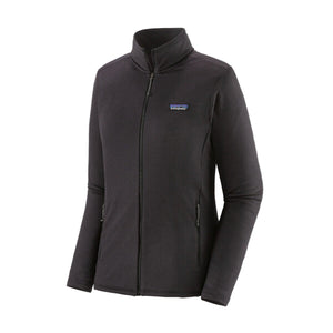 Patagonia Women's R1 Daily Jacket in black color with a zippered front, off-shoulder seams, and two zippered front pockets, on a white background.