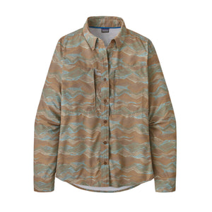 Patagonia Women's Sol Patrol Shirt in Rock Cycle Multi Pampas Tan on a white background.