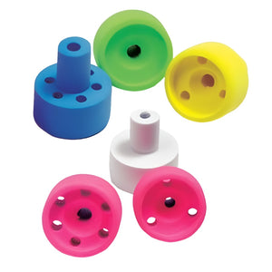 A group of rainy's foam turbo poppin heads for fly tying in solid colors on a white background.