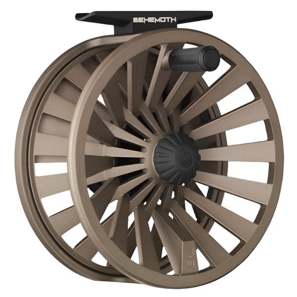 Redington Behemoth Fly Reel in matte bronze showing the spool side with handle on a white background.
