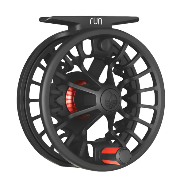 Black color Redington Run Fly Reel showing the handle side on a white background.