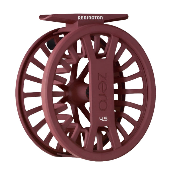 Burgundy color Redington Zero Click Drag Fly Reel on a white background.