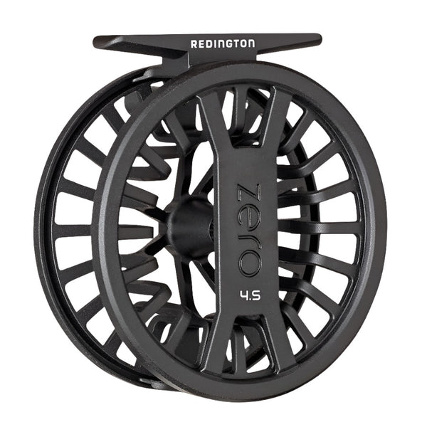 Matte black color Redington Zero Click Drag Fly Reel on a white background.