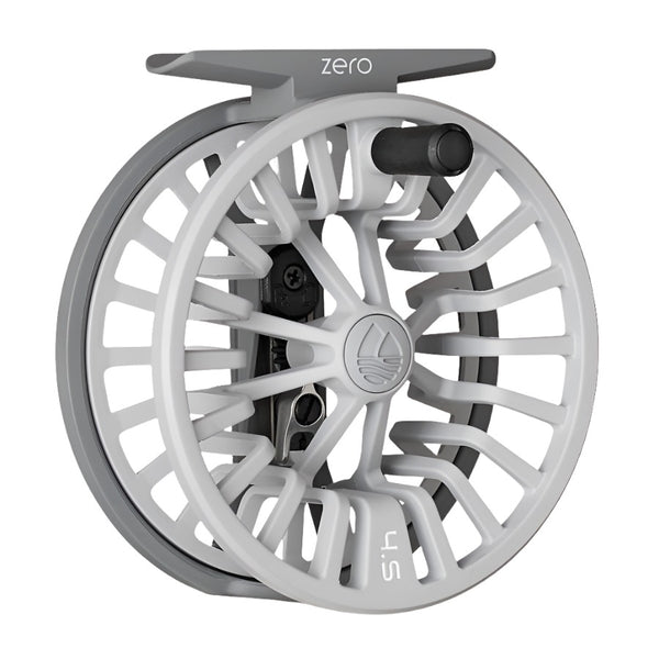 Wolf grey color Redington Zero Click Drag Fly Reel showing the handle side on a white background.