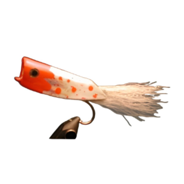 A red and white sample crease fly tied using the River Road Creations Tapered Chernobyl Foam Body Cutters,  against a white background. 
