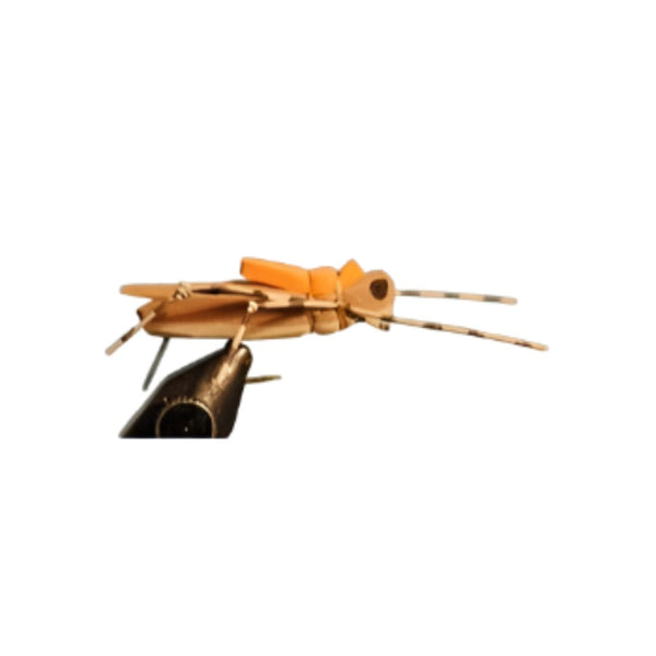 A sample tan Morrish Hopper Foam Dry Fly, tied with the River Road Creations Morrish Hopper Foam Body Cutters, against a white background.