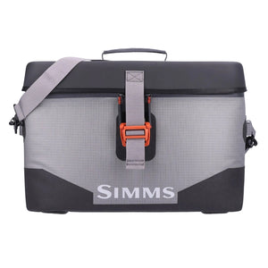 Gray and black Simms Dry Creek Boat Bag in the Large 25-Liter size, with orange buckle and 'Simms' branding on a white background.