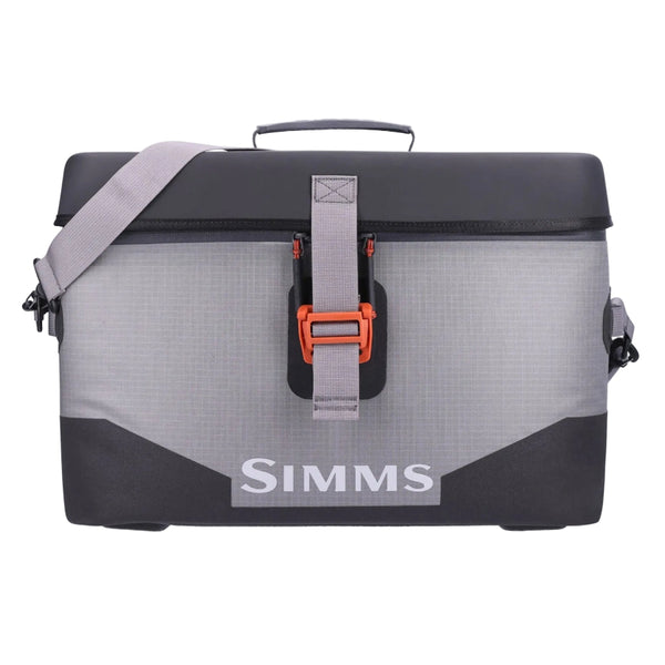 Gray and black Simms Dry Creek Boat Bag in the Large 25-Liter size, with orange buckle and 'Simms' branding on a white background.