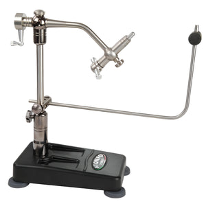 A Stonfo FlyTec Base Vise, a device used for tying flies and streamers, with a stainless steel shaft, rotary action vise, and various accessories mounted on a black pedestal base shown on a white background.
