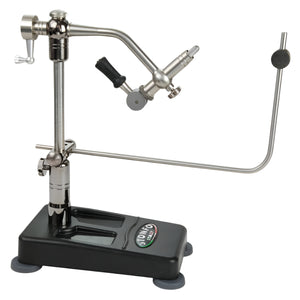 A Stonfo Flytec Lever Vise, a tool for tying flies and streamers, with a stainless steel shaft, adjustable rotary tension, and a black pedestal base shown on a white background.