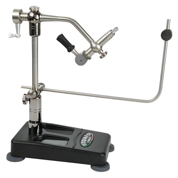 A Stonfo Flytec Lever Vise, a tool for tying flies and streamers, with a stainless steel shaft, adjustable rotary tension, and a black pedestal base shown on a white background.
