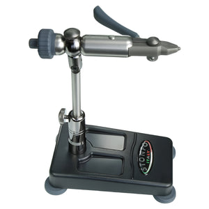 A Stonfo Kaiman Fly Tying Vise, a tool used for tying flies from size 28 to 5/0 shown with pedestal base on a white background.