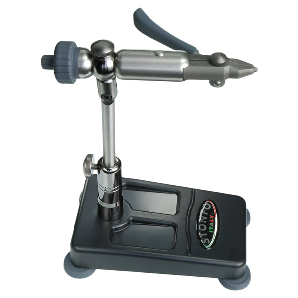 A Stonfo Kaiman Fly Tying Vise, a tool used for tying flies from size 28 to 5/0 shown with pedestal base on a white background.