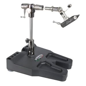 Stonfo Transformer fly tying vise showing base, shaft and interchangeable in-line head on a white background.