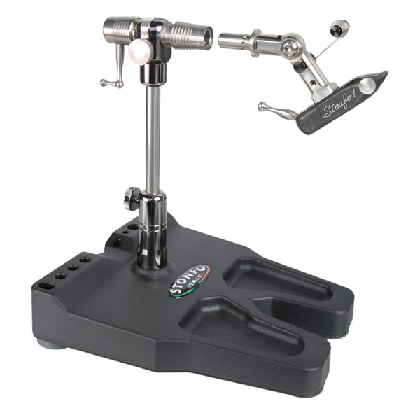 Stonfo Transformer fly tying vise showing base, shaft and interchangeable in-line head on a white background.