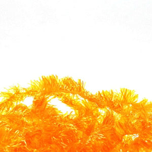 A skein of sunburst orange Textreme T-10 Translucent fly tying chenille on a white background.